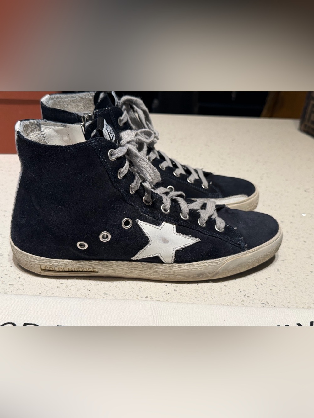 Golden Goose France Navy Blue Canvas High-Top Sneakers with White Star